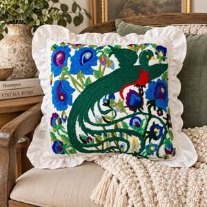 Vintage Handmade Embroidered Peacock Pillow Floral Folk Art Boho Ruffle 16”